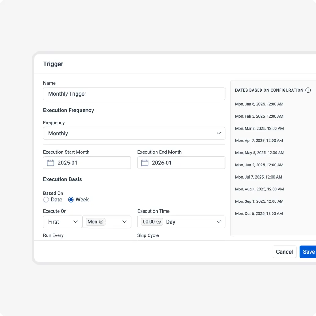 Facilio’s automated inspection scheduling feature with customizable triggers and frequency for proactive compliance and task management.