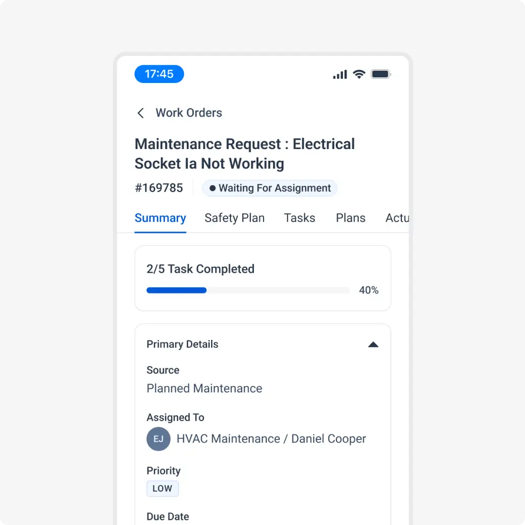 Facilio scheduling interface on mobile, showing automated workflows for proactive maintenance and job-specific schedules, from urgent repairs to routine tasks.