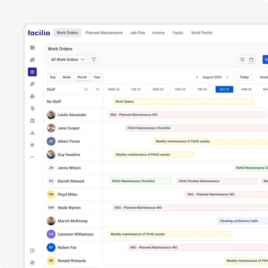 Facilio mobile app interface displaying work orders, enabling stakeholders to approve, update, and track orders remotely, with notifications for job status updates.